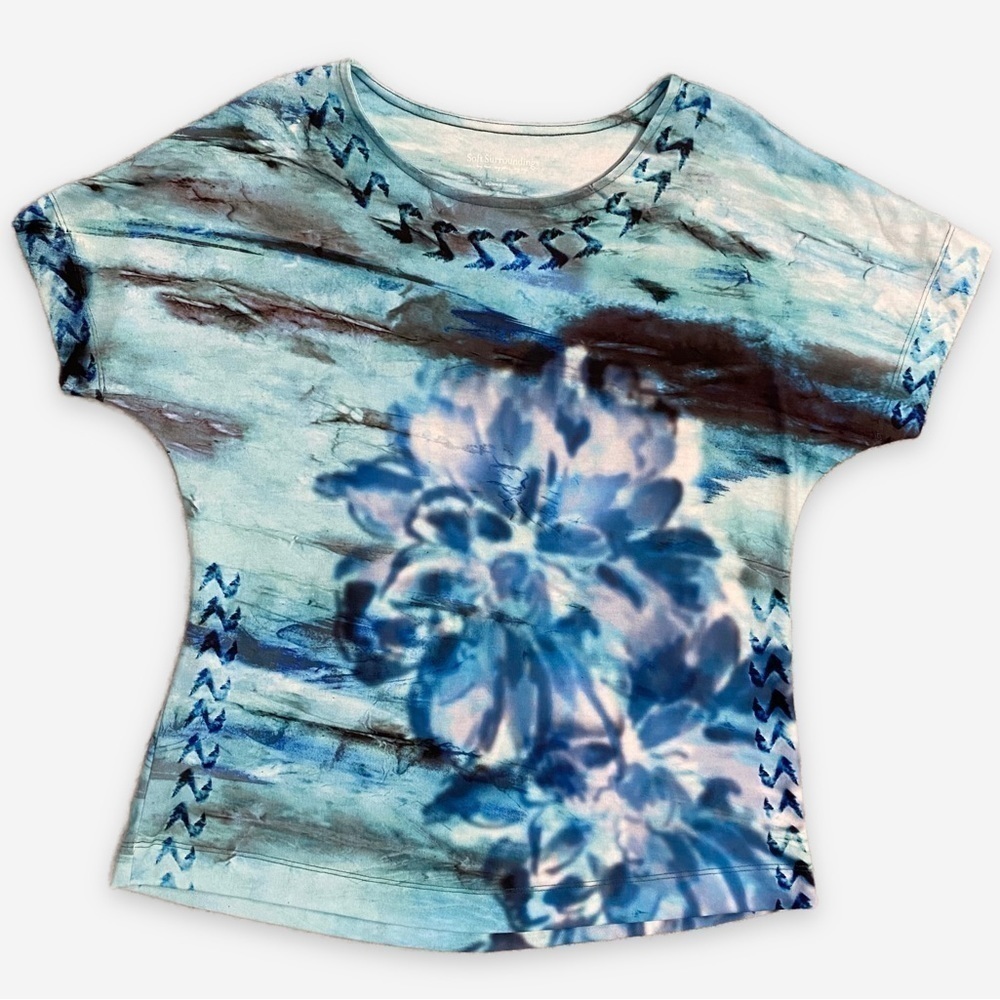 Soft Surroundings | Abstract Floral Top Relaxed Blue Size Small